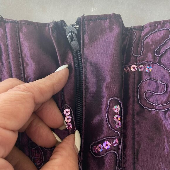 Purple Satin Floral Embroidered Corset With Sequins & Lace-Up Back Design Medium - Picture 12 of 14